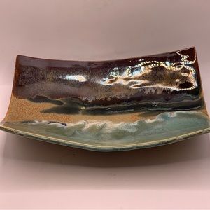 Hand Made Ceramic Art Glazed Rectangular Footed Pottery Beveled Dish